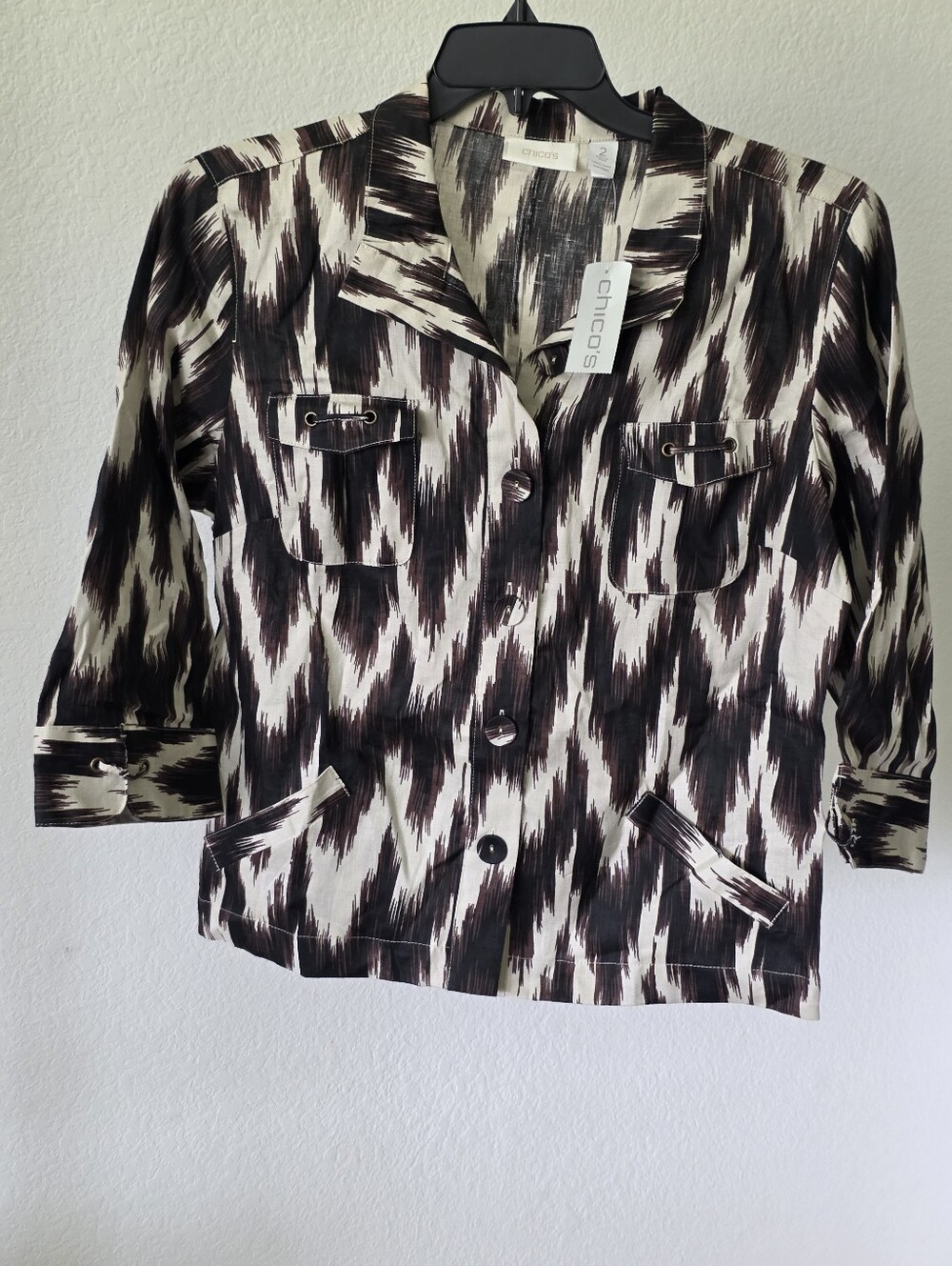 Chico’s Size 2 Luda Shacket 100% Linen Ikat Print Utility Jacket Large NWT